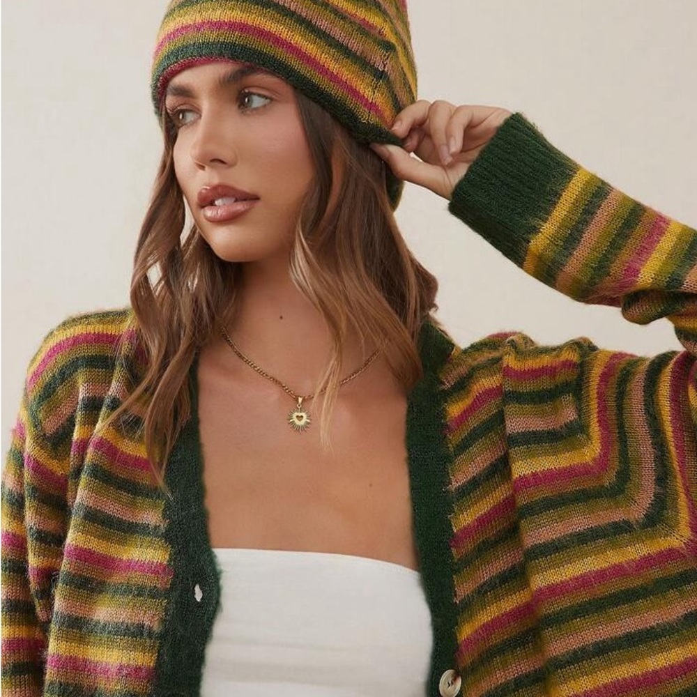 Striped Multicolor Cardigan and Beanie Set